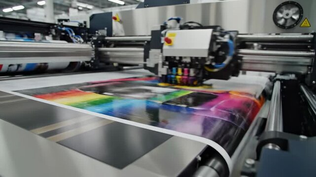 Industrial Printer Producing Colorful Images On White Paper In A Factory Setting With Bright Lighting