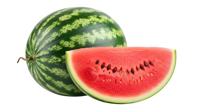 Fresh whole and cut watermelon fruit isolated on transparent background