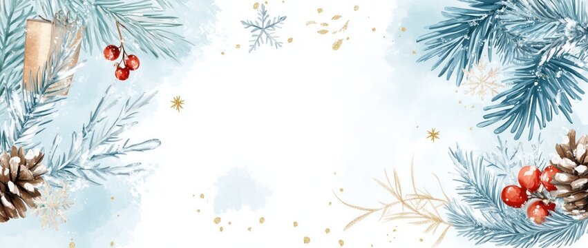 Winter Wonderland Border with Pine Cones, Holly Berries, and Snowflakes