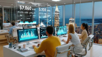 Digital Insights: Professionals in a modern office analyzing data and stock market metrics on computer screens. A digital interface shows financial data floating in the air. - Powered by Adobe