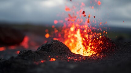 capitulating. Volcanic eruption launching rocks into a dark red sky, dramatic natural scene. travel magazines, destination branding, designed for travel destination branding, used by store managers.

