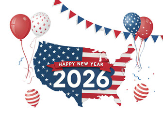 Happy new year 2026 celebration in USA isolated on white background