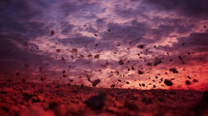 capitulating. Volcanic eruption launching rocks into a dark red sky, dramatic natural scene. travel magazines, destination branding, designed for travel destination branding, used by store managers.
