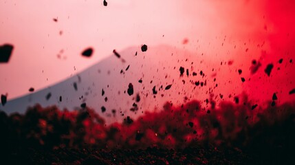 capitulating. Volcanic eruption launching rocks into a dark red sky, dramatic natural scene. travel magazines, destination branding, designed for travel destination branding, used by store managers.
