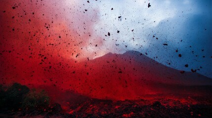 capitulating. Volcanic eruption launching rocks into a dark red sky, dramatic natural scene. travel magazines, destination branding, designed for travel destination branding, used by store managers.
