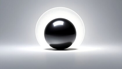 Glossy, black sphere with a white, glowing halo against gray