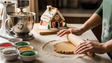 A festive scene of hands meticulously rolling out cookie dough, surrounded by colorful sprinkles and a charming gingerbread house, capturing the joy of holiday baking and homemade sweet creation