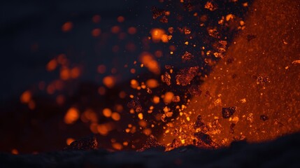 capitulating. Volcanic eruption launching rocks into a dark red sky, dramatic natural scene. travel magazines, destination branding, designed for travel destination branding, used by store managers.
