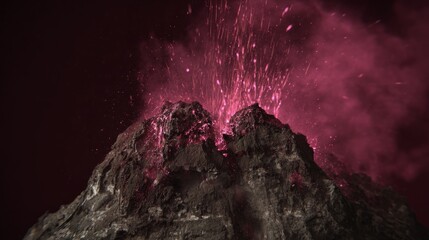 capitulating. Volcanic eruption launching rocks into a dark red sky, dramatic natural scene. travel magazines, destination branding, designed for travel destination branding, used by store managers.
