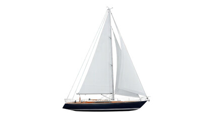 Nautical sailing vessel with wooden mast and white sails isolated on a clear summer sky background for sport or cruise travel