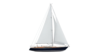 Nautical sailing vessel with wooden mast and white sails isolated on a clear summer sky background for sport or cruise travel