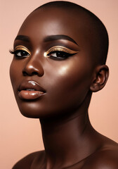 Beauty Portrait of Black Woman with Shaved Head and Gold Metallic Makeup