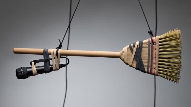 Microphone attached to a broom handle with rubber bands, hanging against a gray background