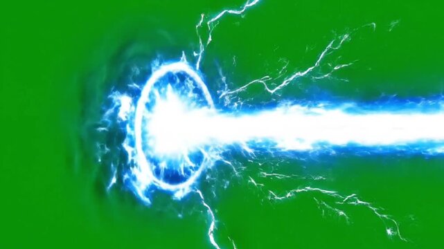 A bright blue-white Kamehameha-style energy beam charging and firing forward on a clean green background.