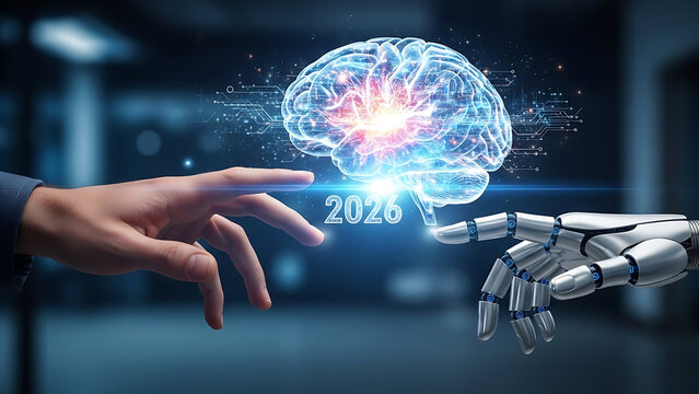 Human hand and robotic arm interacting with a glowing digital brain interface - Powered by Adobe