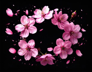 Pink cherry blossoms arranged in a circular formation, black background