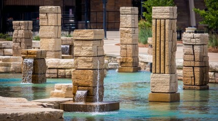 fountainhead. A classical stone water fountain sculpture in a town square, water flowing from its crevices. real-estate listings.
