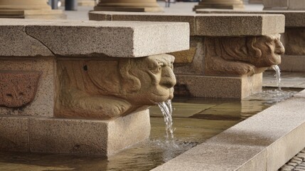 fountainhead. A classical stone water fountain sculpture in a town square, water flowing from its crevices. real-estate listings.
