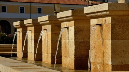 fountainhead. A classical stone water fountain sculpture in a town square, water flowing from its crevices. real-estate listings.
