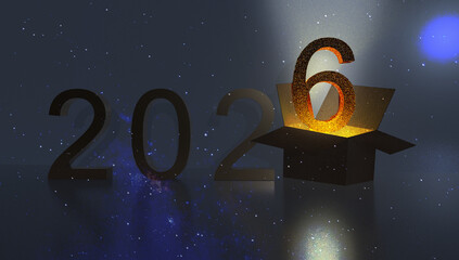 2026 26 new year unboxing stars galaxy background - 3d rendering