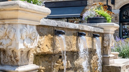 fountainhead. A classical stone water fountain sculpture in a town square, water flowing from its crevices. real-estate listings.

