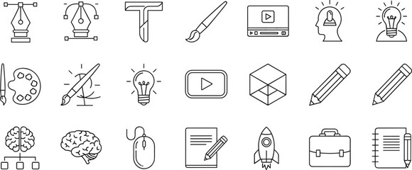 Creative Process Line Icons Set: Graphic Design, Idea Generation, Art Tools, Education, and Innovation Symbols for Business and Web.