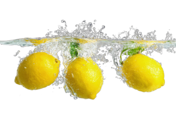 Three bright yellow citrus fruits create a lively splash in clear water