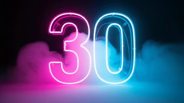 Neon glow animation celebrating the thirtieth anniversary, with vibrant colors and hazy background