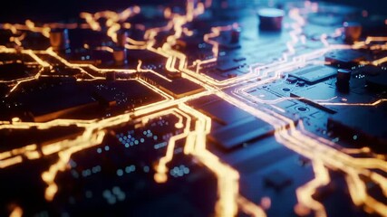 Dynamic close up of glowing orange data streams flowing across a dark futuristic circuit board illustrating digital processing speed - Powered by Adobe