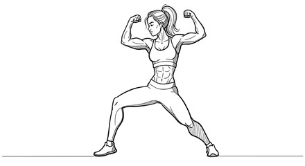 Line art illustration of an athletic woman flexing her muscles, showing strength and fitness