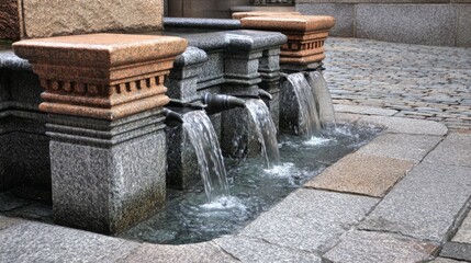 fountainhead. A classical stone water fountain sculpture in a town square, water flowing from its crevices. real-estate listings.

