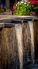 fountainhead. A classical stone water fountain sculpture in a town square, water flowing from its crevices. real-estate listings.
