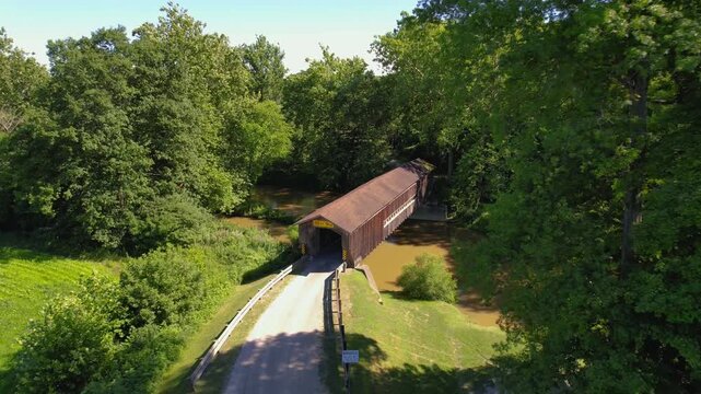 Aerial view of Benetka Road Bridge is a covered bridge spanning the Ashtabula River in Ashtabula County, Ohio,
