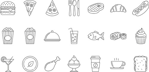 Food and Drink Line Icons Set: Delicious Menu Items, Fast Food, Sweets, and Restaurant Symbols for App, Web, and Dining Concepts.