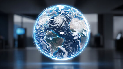 Glowing orb displaying a world map levitates in a darkened interior space