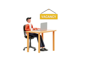 3D Illustration of Man Searching Job Vacancy on Laptop at Desk