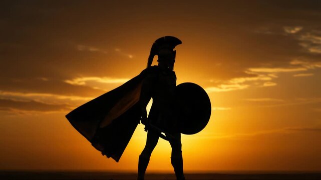 Silhouette of a warrior with shield and cape standing proud against a beautiful orange sky