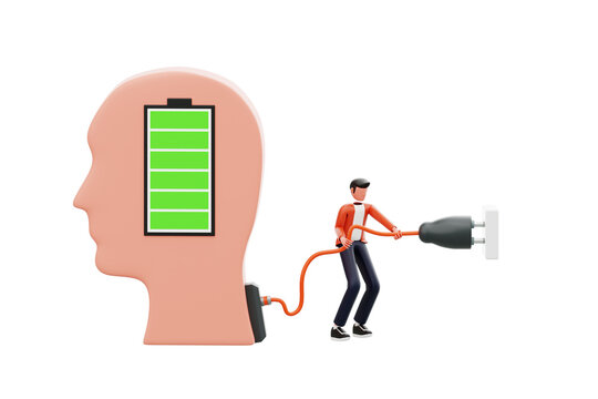 3D Illustration of Man Recharging Brain Energy with Power Connection