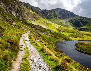 Scenic mountain path winding alongside a tranquil lake with lush greenery under a cloudy sky