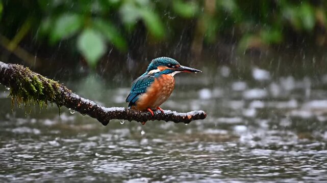 A vibrant bird with turquoise and brown feathers perches on a wet branch in the rain