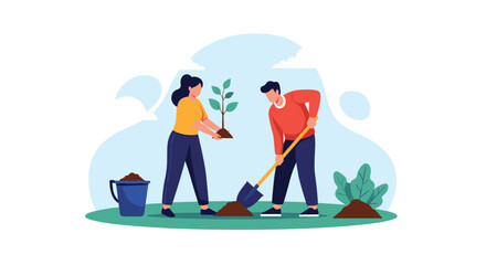 Young couple planting a tree together, contributing to reforestation and caring for the environment on Earth Day.