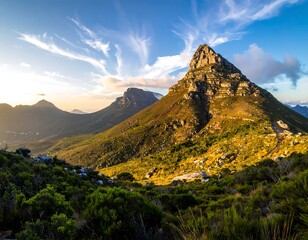 Scenic mountain range against a vibrant blue sky with wispy clouds during golden hour