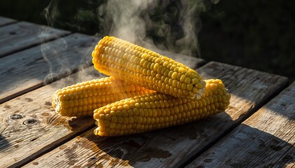 Freshly boiled corn on the cob with glossy kernels and rising steam, placed on a rustic wooden table under warm natural lighting. Perfect for food and culinary visuals.