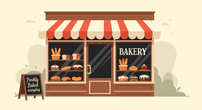 Charming storefront of a local bakery with freshly baked bread, cakes, and pastries displayed in the window for customers.