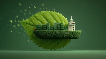 A lush green leaf supporting a charming tiny house symbolizing sustainable living and eco-friendly shipping solutions