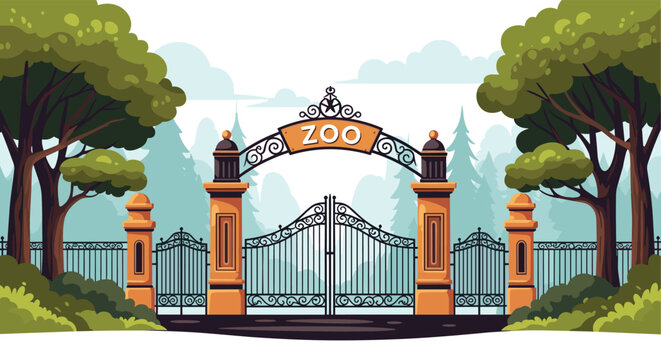 Ornate entrance gate to a zoo with a sign, set against a backdrop of lush green trees and a forest.