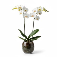 Beautiful white phalaenopsis orchid flowers blossom in a glass vase, isolated on a clean background