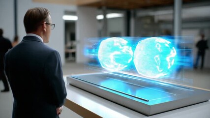 Innovation Vision: A professional, captivated by a groundbreaking holographic projection, studies the future. This captures advanced technology and groundbreaking scientific discovery