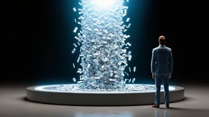 Ephemeral Wealth: A figure, silhouetted against a futuristic backdrop, observes an ethereal cascade of currency, symbolizing the allure and potential of wealth.