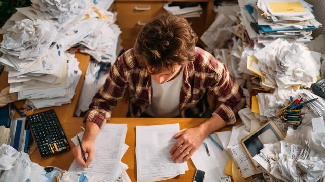 Overwhelmed at the Desk: A person is immersed in paperwork at a desk piled high with documents, capturing a moment of stress and hard work.